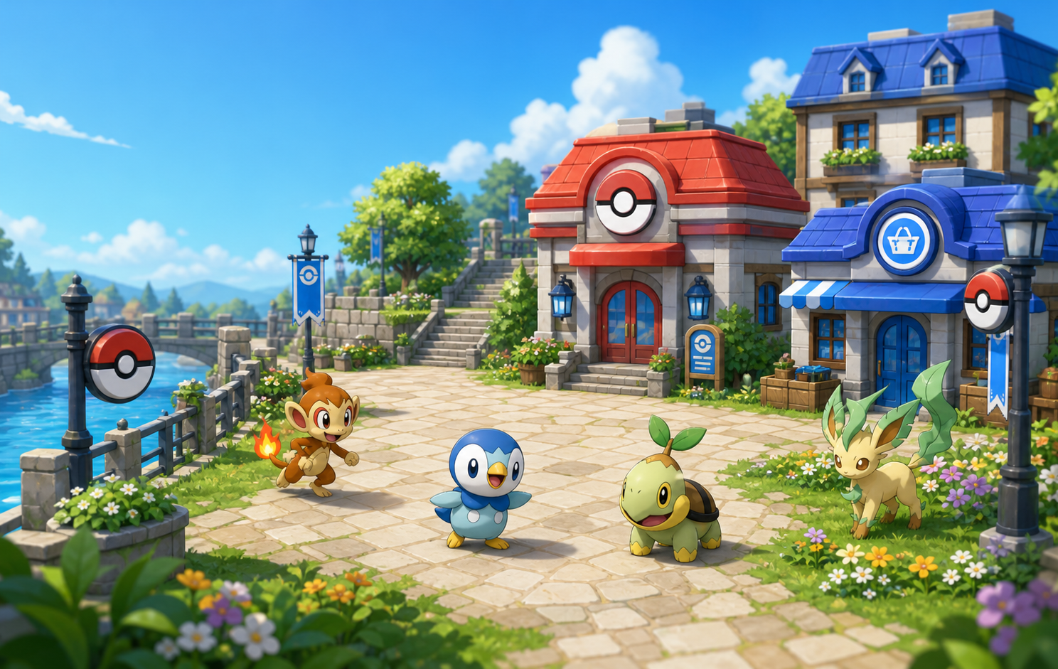 PokéTown plaza with Pokémon Center, Poké Mart, Chimchar, Piplup, Turtwig, and Leafeon